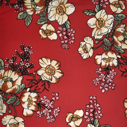 Oriental Floral Ivory/Red/Olive DTY Brushed Fabric 