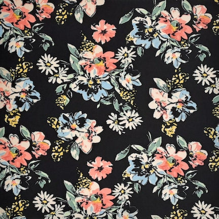 Multi Floral Black/Light Blue/Coral Liverpool Fabric