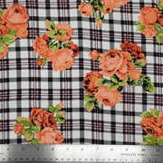 Plaid Floral Black/White/Orange Rayon Challis